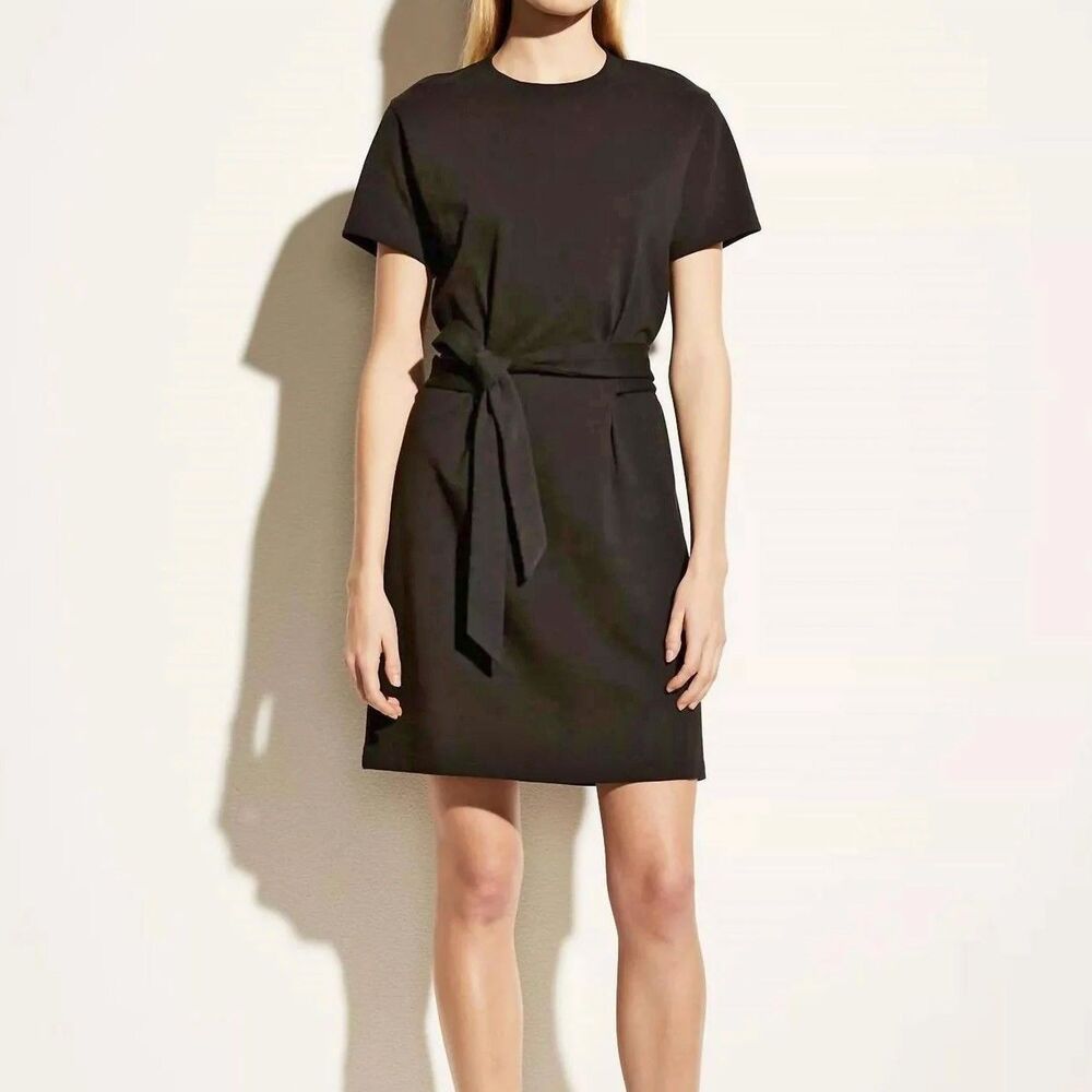 Vince Tie Waist T-shirt Dress Size S Black 100% Cotton Short Sleeves Crew Neck